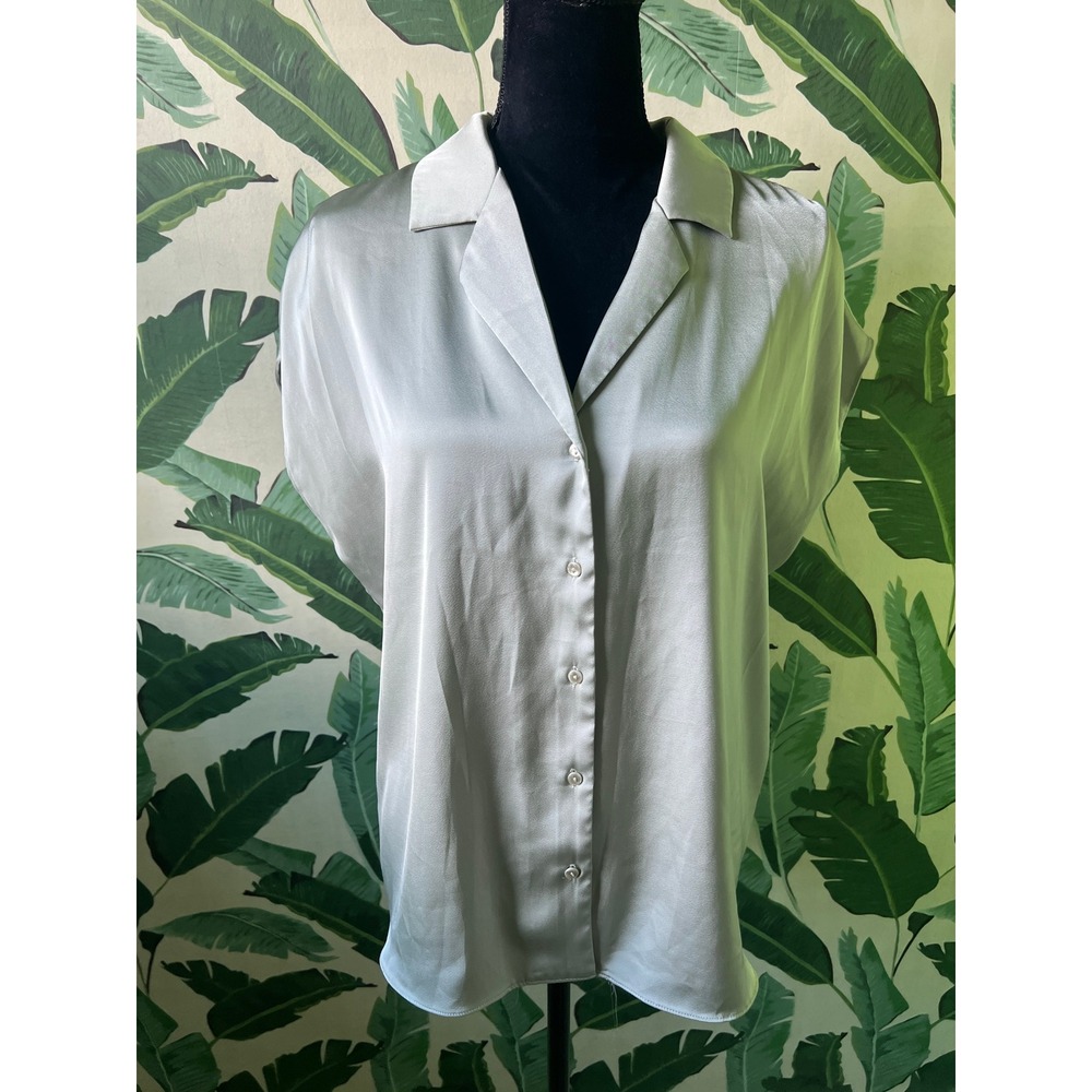 Rachel Roy Short Sleeve Satin Button Down Top Womens Medium Sage Green